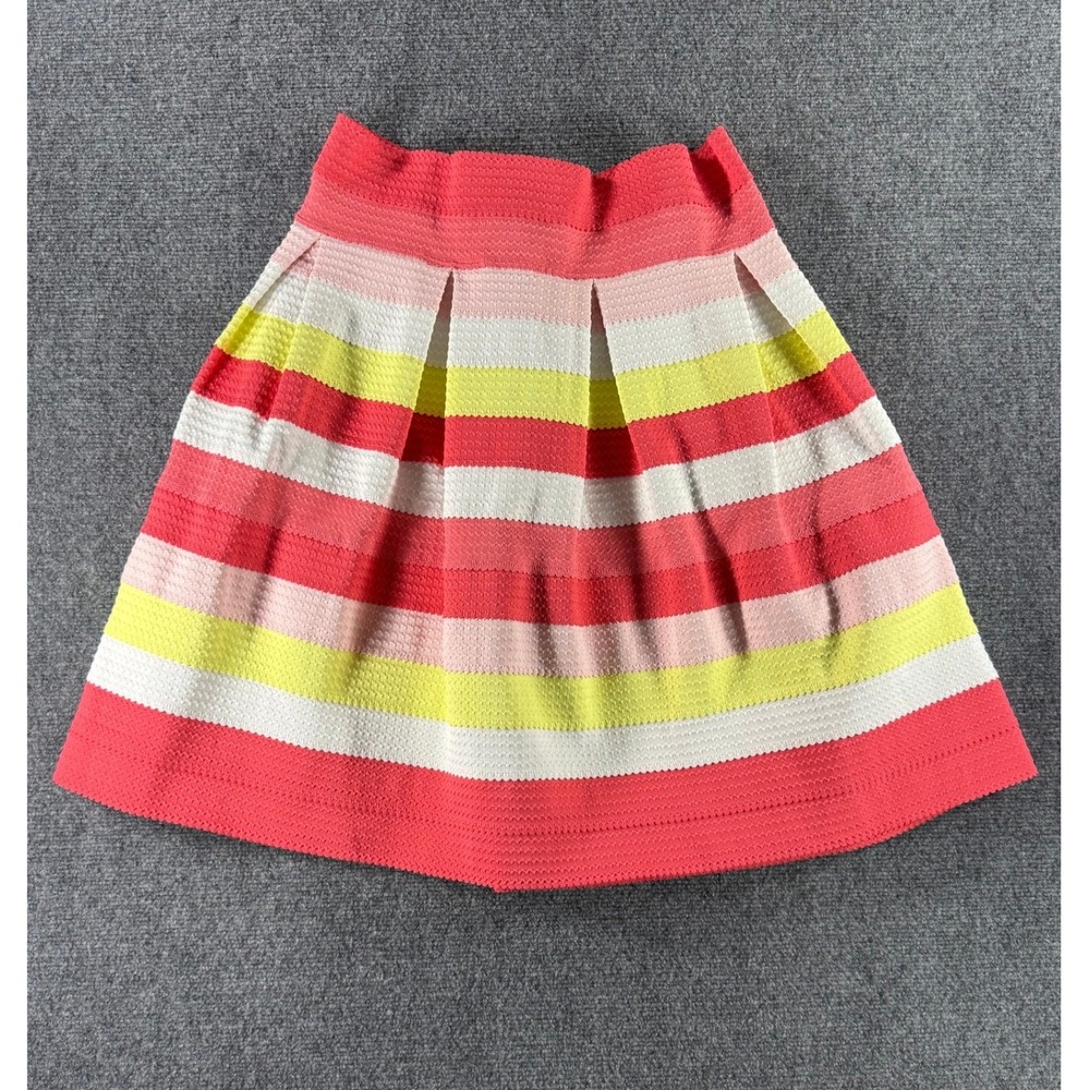 7th Avenue NY&Co Striped Pleated A-Line Skirt Coral Pink Yellow White Large